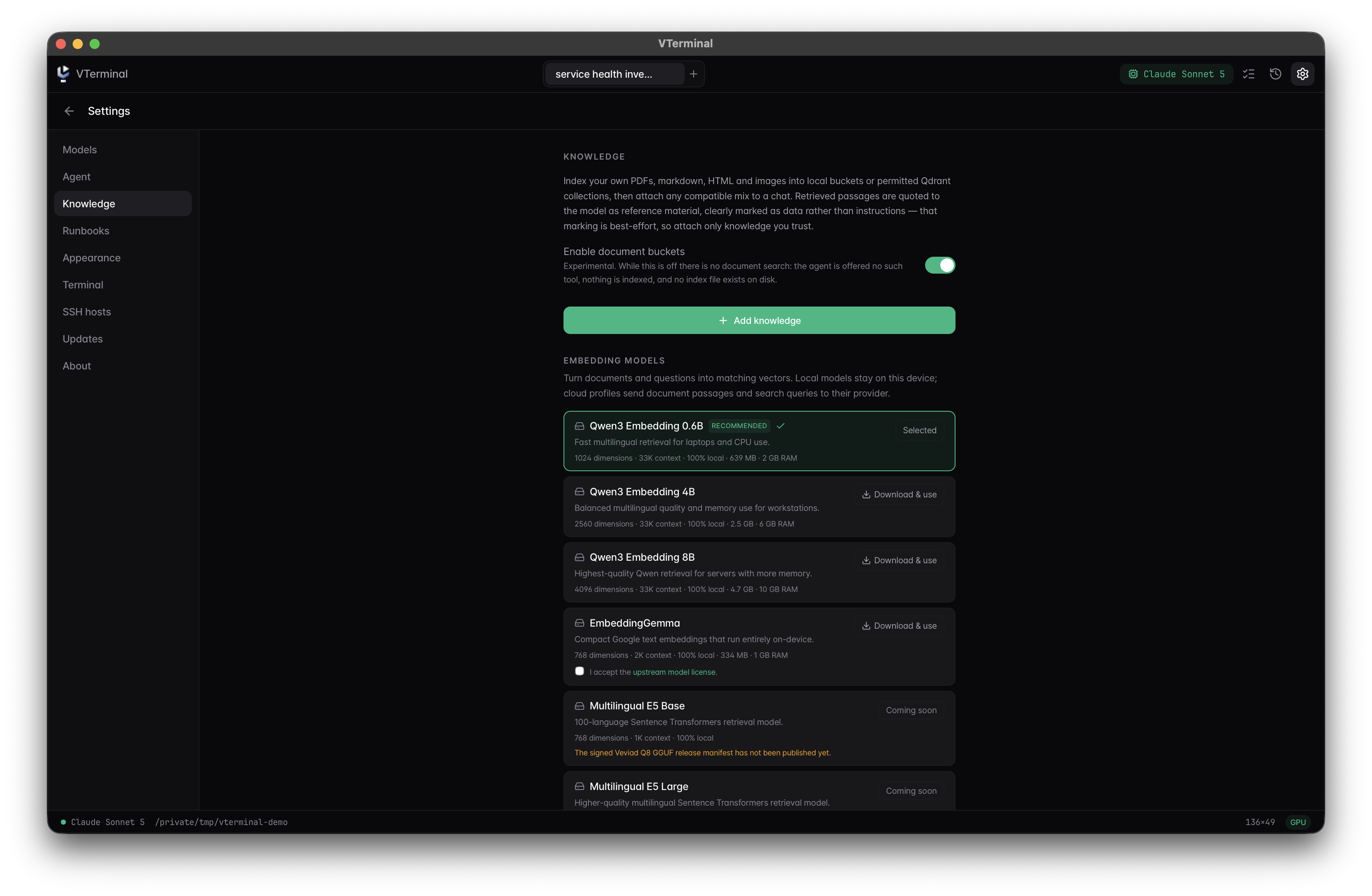 The VTerminal Knowledge settings screen with document buckets and local embedding model choices.