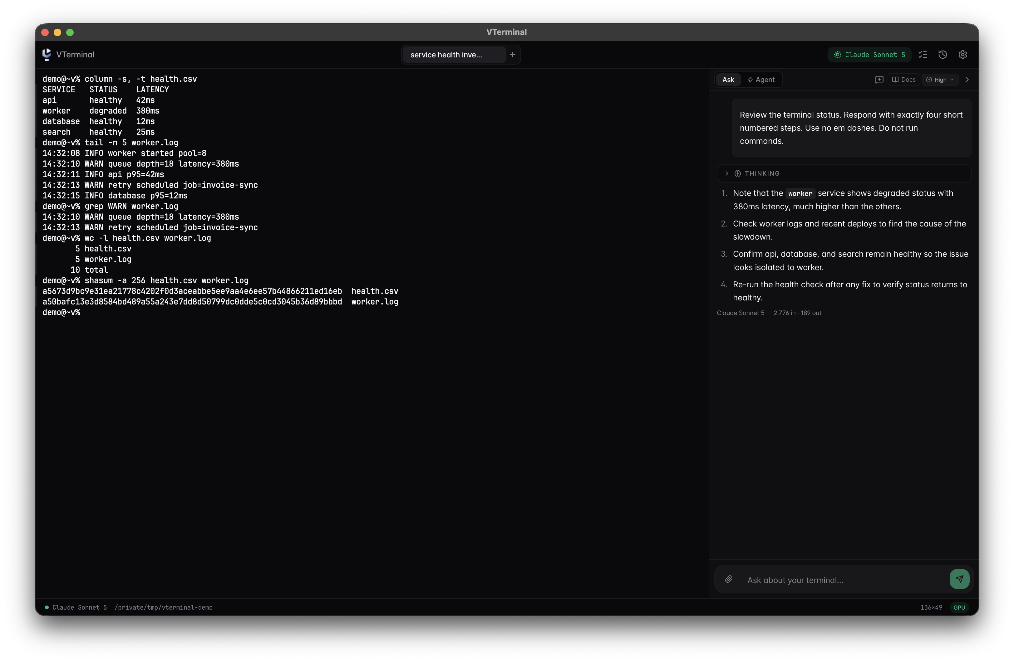 VTerminal showing a neutral service health investigation in the terminal and a concise Ask-mode response beside it.